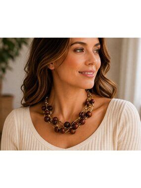New York & Company Wood Bead Necklace Multi Strand Gold Tone Boho Statement